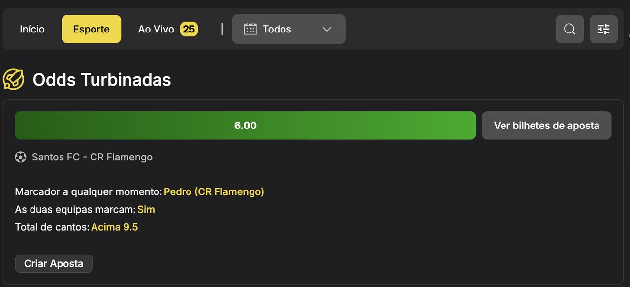 Odds Turbinadas na Brazino777 para Santos x Flamengo: marcador Pedro, as duas equipas marcam Sim e Total de cantos Acima 9.5, odd 6.00